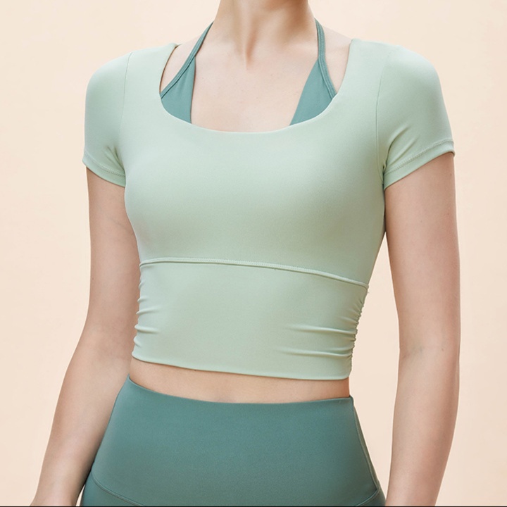 ピラティスウェア 二層式レイヤードデザイン半袖スポーツブラ