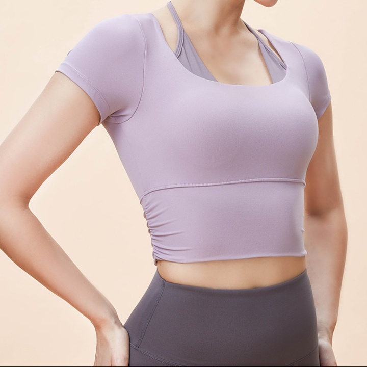 ピラティスウェア 二層式レイヤードデザイン半袖スポーツブラ