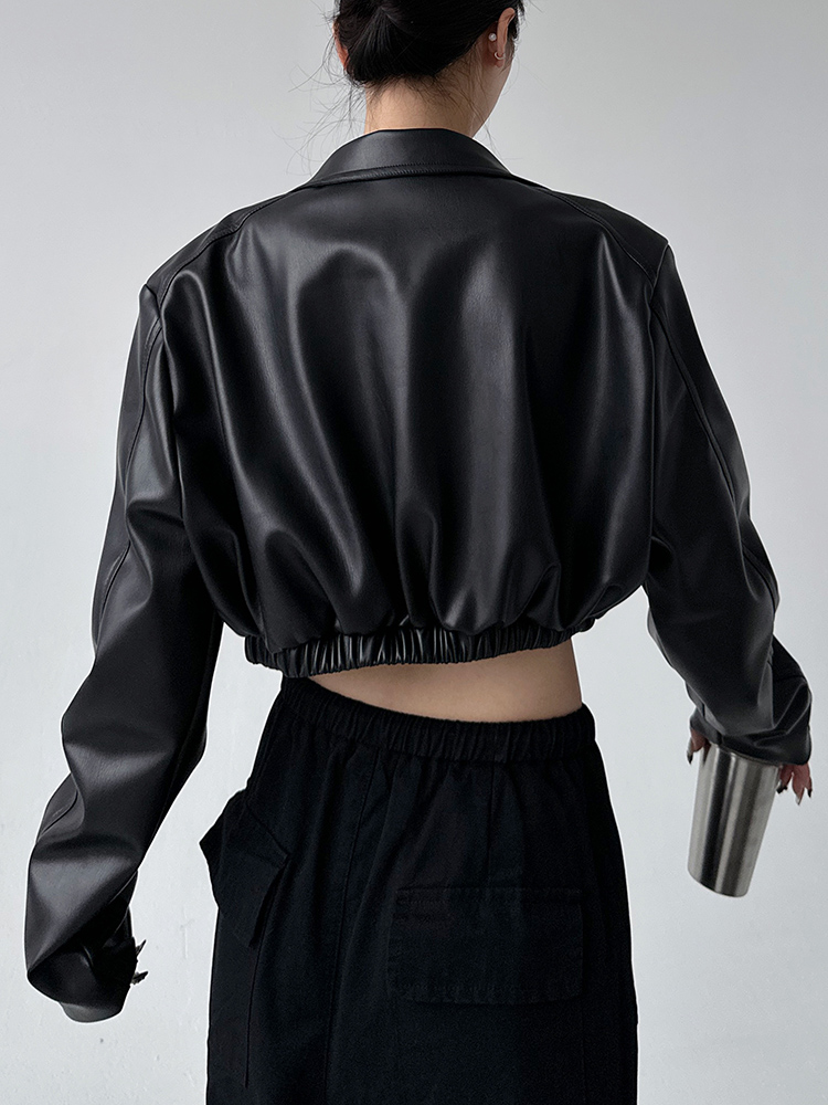 レザーファッション クロップド丈ジップアップレザーブルゾン