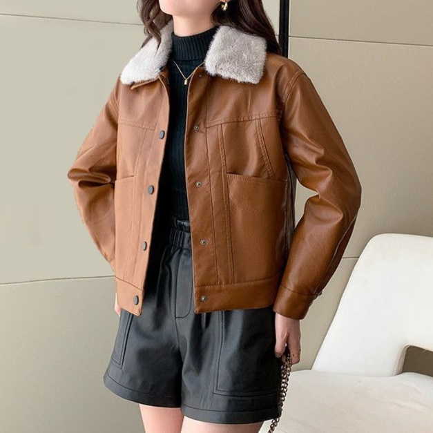 レザーファッション もこもこ襟付き本革ブルゾン