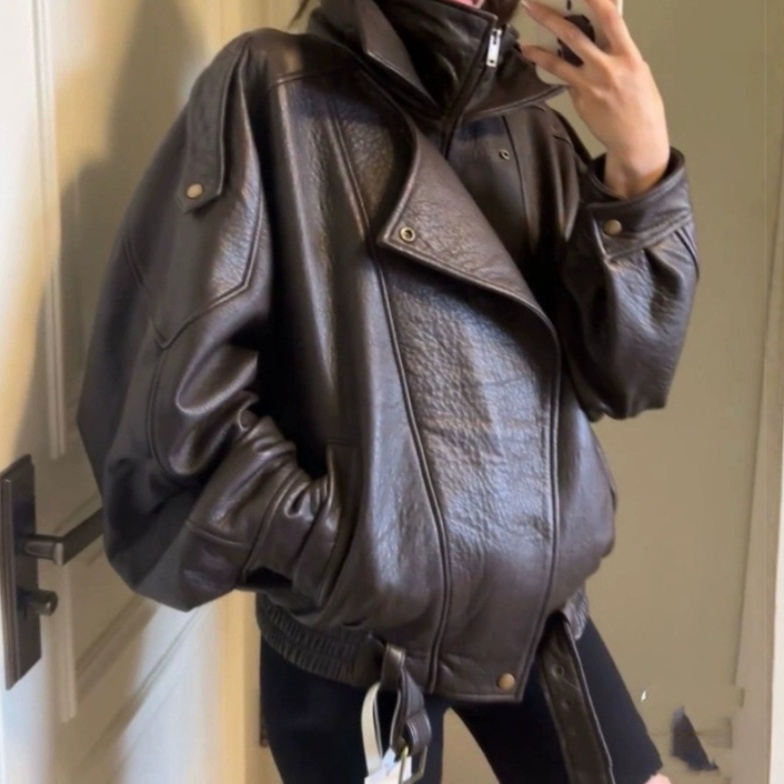 レザーファッション ゆったりシルエット本革ライダース