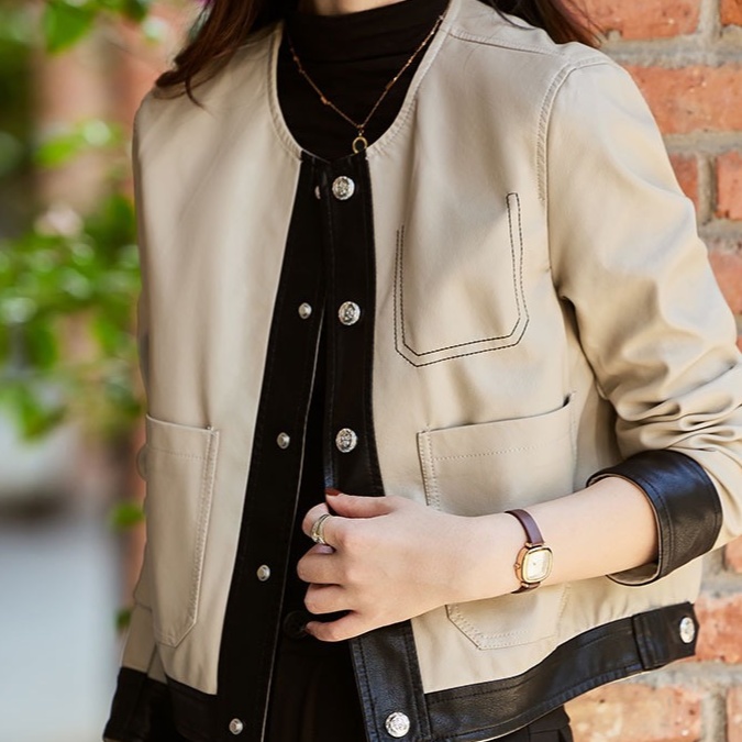 レザーファッション 配色切り替え ノーカラー ライダースジャケット