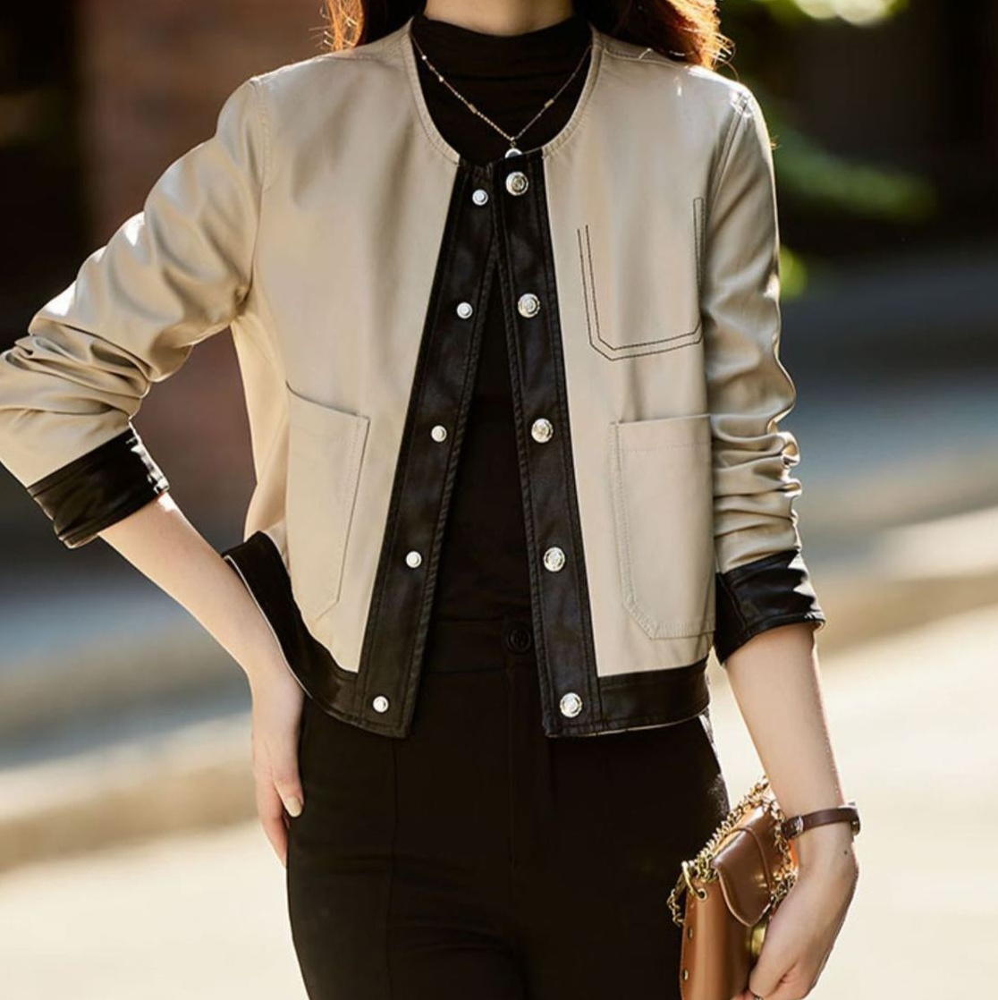 レザージャケット/アウター 配色切り替え ノーカラー ライダースジャケット