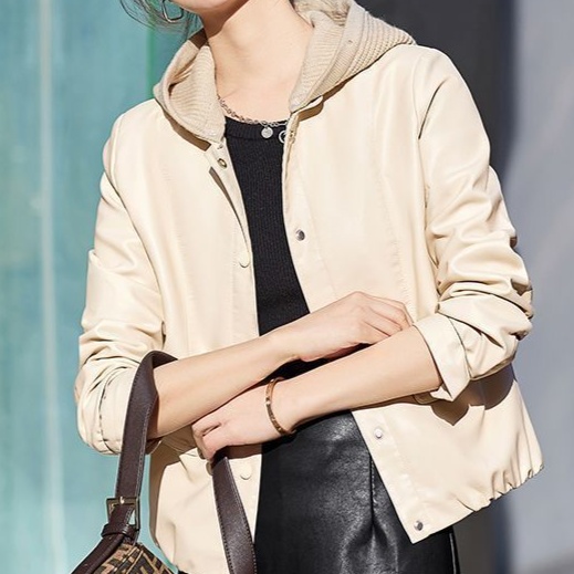 レザージャケット/アウター 二重襟フード付きレザージャケット