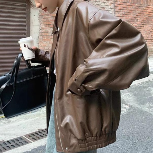 レザーファッション ゆったりシルエット本革ジャケット