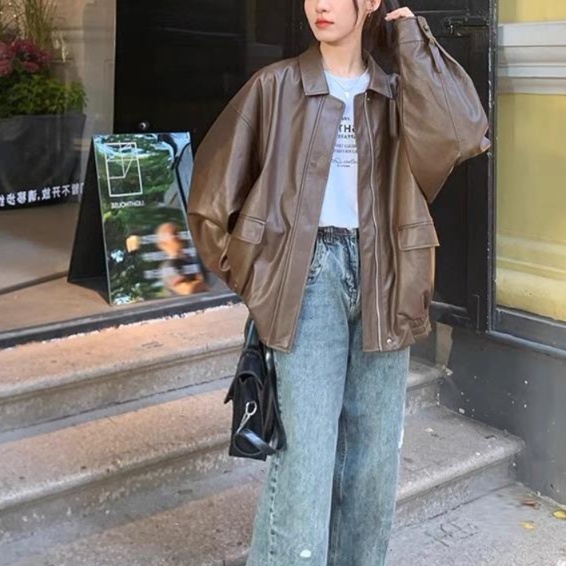 レザーファッション ゆったりシルエット本革ジャケット
