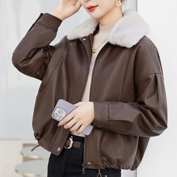 レザーファッション ふわもこ襟付きレザーブルゾン