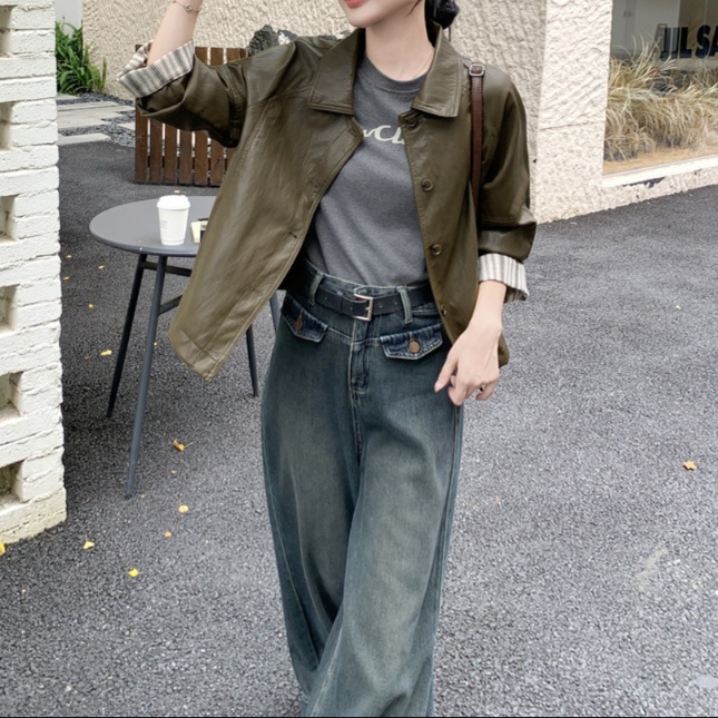 レザーファッション ストライプ袖口 シンプル本革ジャケット