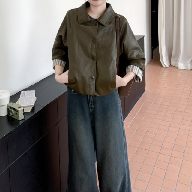 レザーファッション ストライプ袖口 シンプル本革ジャケット