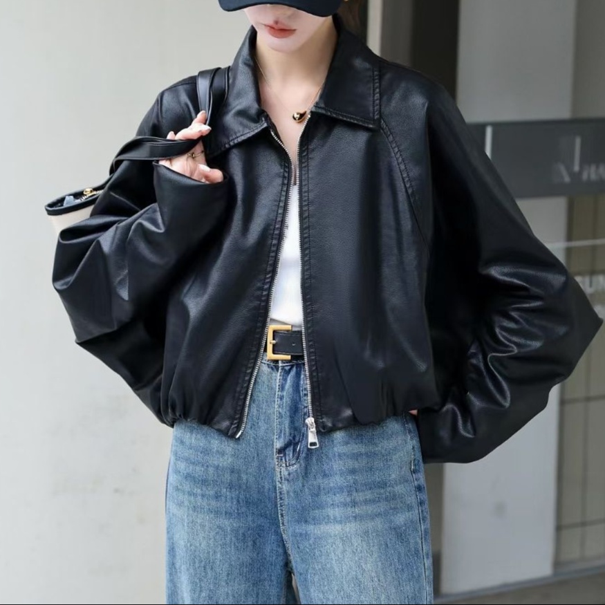 レザーファッション ゆったりシルエットレザーブルゾン