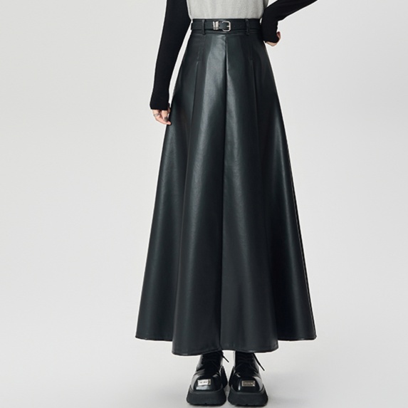 レザーファッション 上質マキシ丈フレアレザースカート