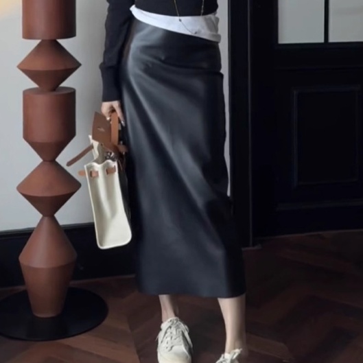 レザーファッション 上質艶やか ハイウエスト ロングスカート