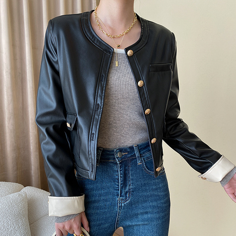 レザージャケット/アウター 袖口切替デザインレザーブルゾン