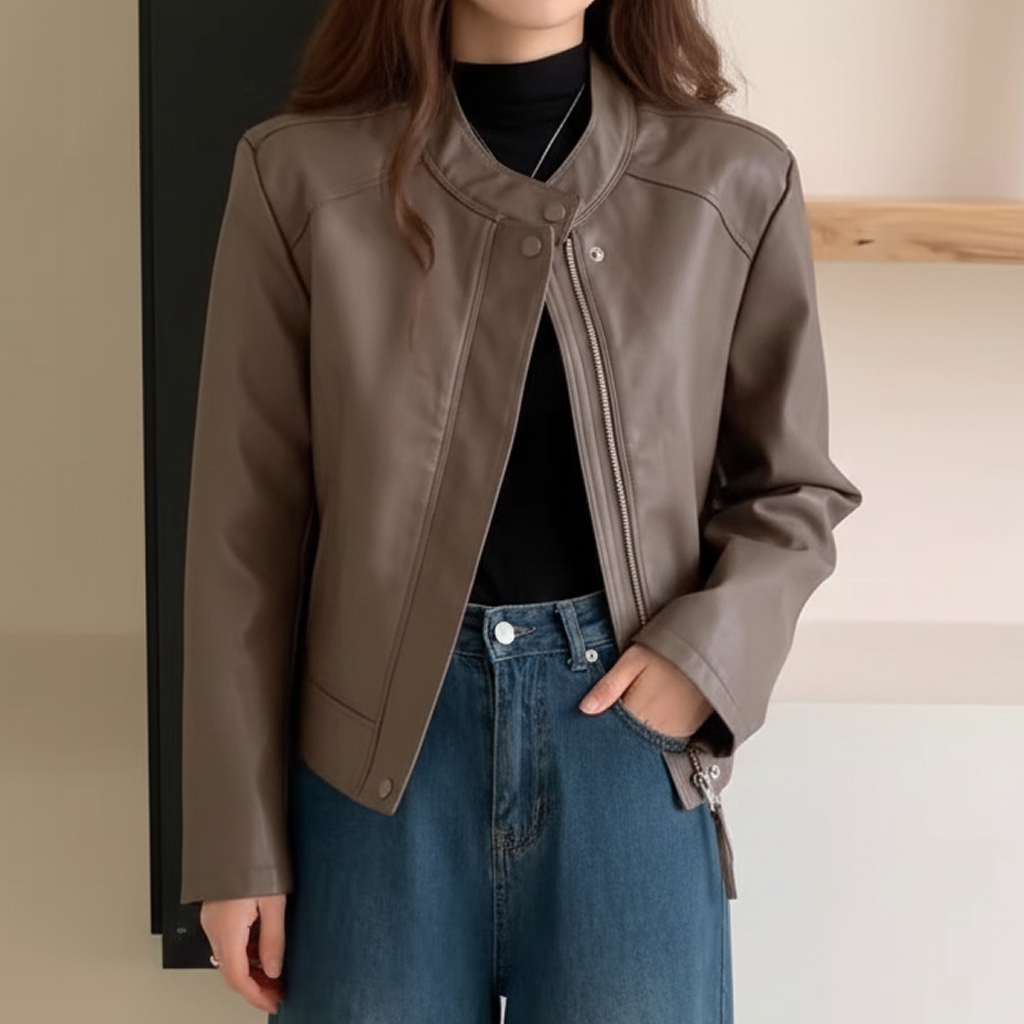 レザージャケット/アウター ラウンドネック軽量レザーブルゾン