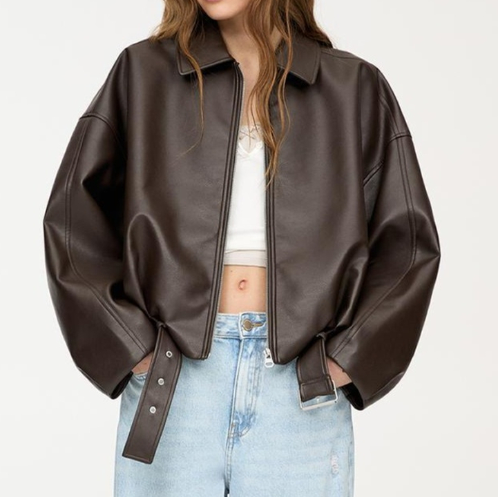 レザージャケット/アウター ベルト付きオーバーサイズレザージャケット