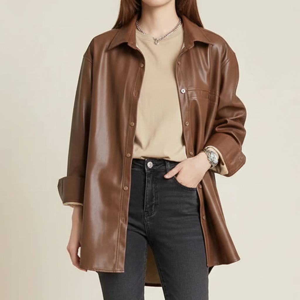レザージャケット/アウター オーバーサイズレザーシャツジャケット