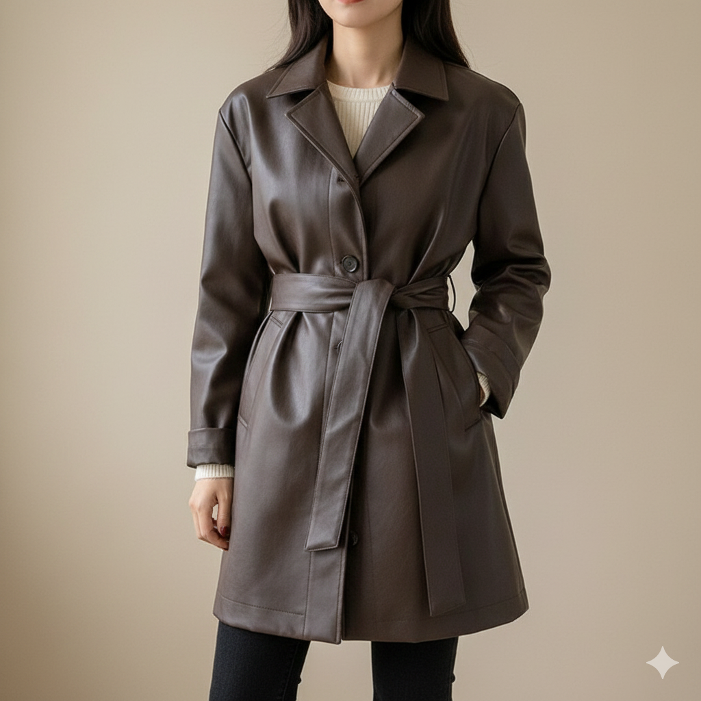 レザージャケット/アウター 上質ベルト付きトレンチスタイルレザーコート