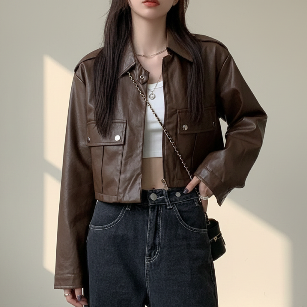 レザージャケット/アウター クロップド丈 光沢感 ダブルライダース