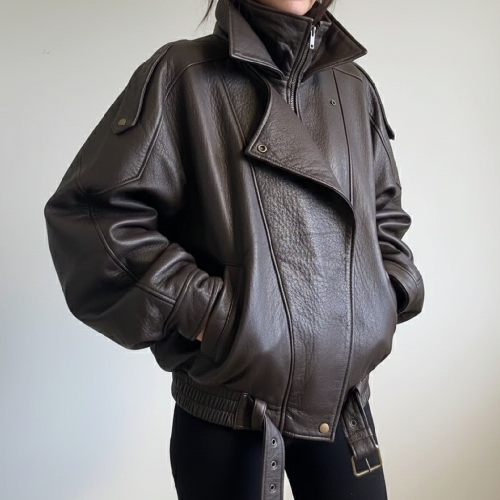 レザージャケット/アウター ゆったりシルエット本革ライダース