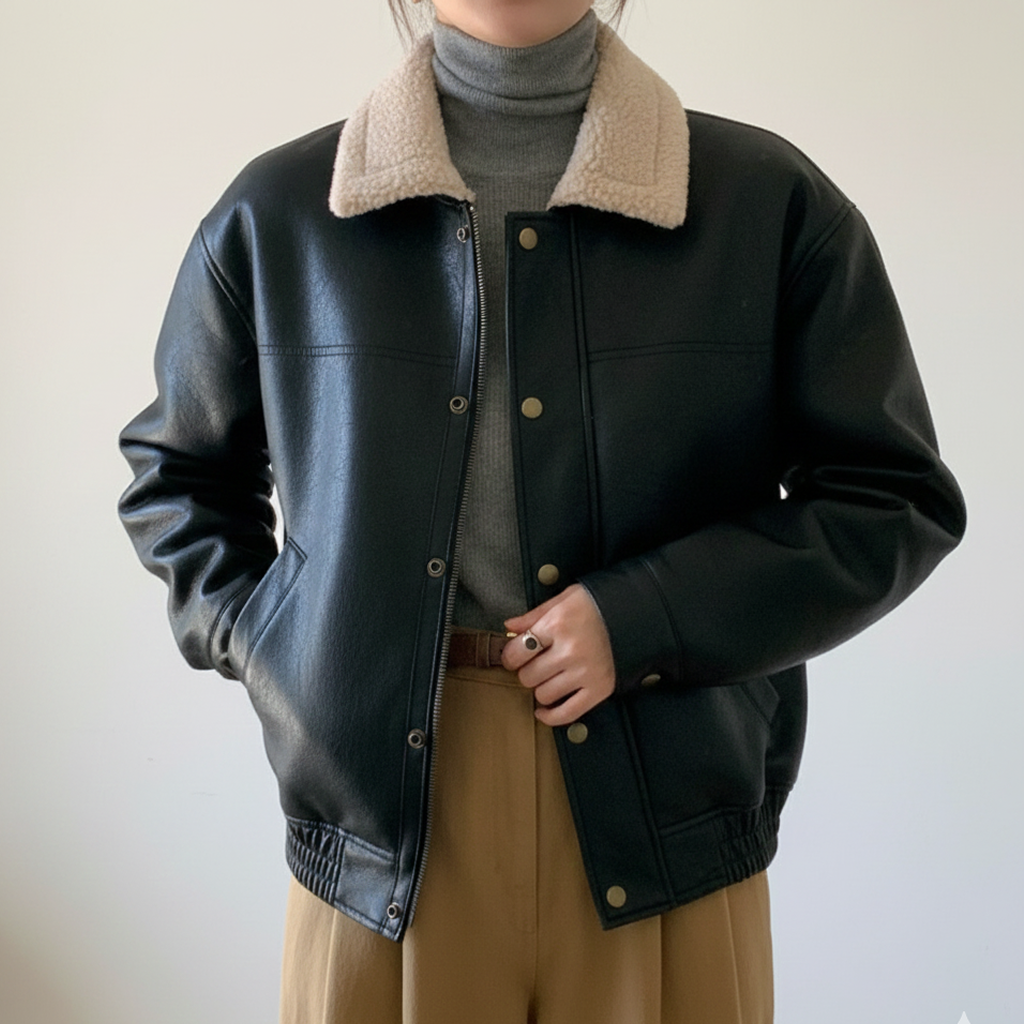レザージャケット/アウター ムートン襟 防寒レザージャケット