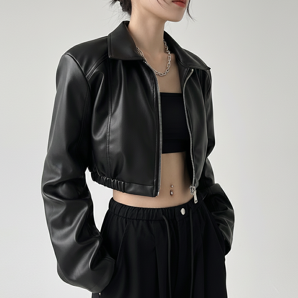 レザージャケット/アウター クロップド丈ジップアップレザーブルゾン