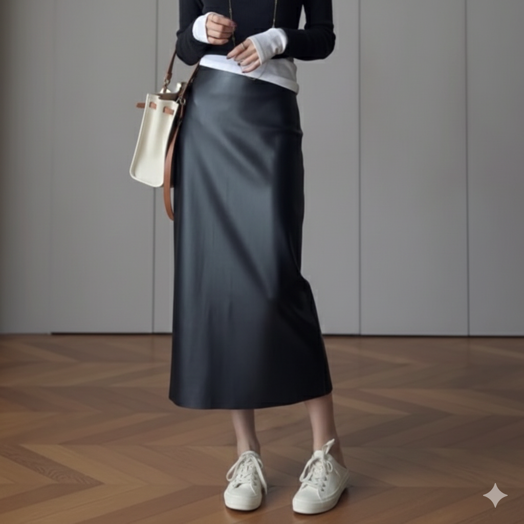 レザースカート 上質艶やか ハイウエスト ロングスカート