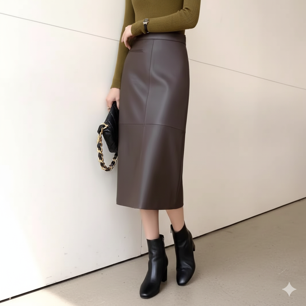 レザースカート 上質感あふれる大人の本革ミディ丈タイトスカート