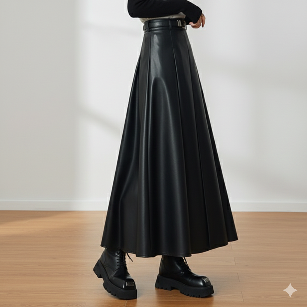レザースカート 上質マキシ丈フレアレザースカート