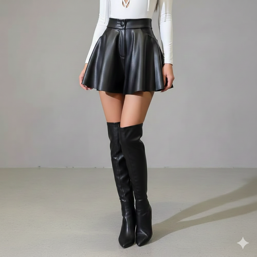 レザースカート ハイウエスト フレア ミニスカート