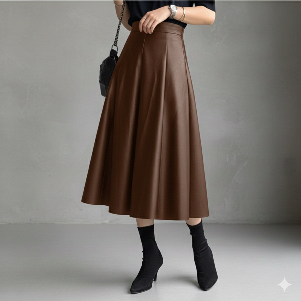 レザースカート 上品なフレアシルエットの本革スカート