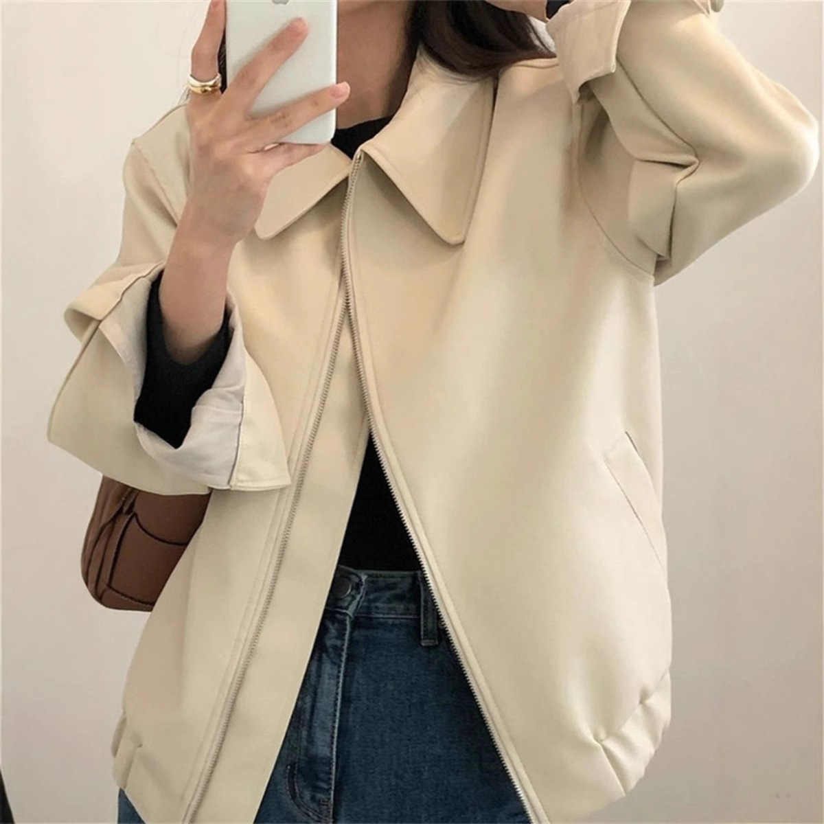 非表示(自撮り)レザージャケット/アウター シンプル襟付きジップアップジャケット