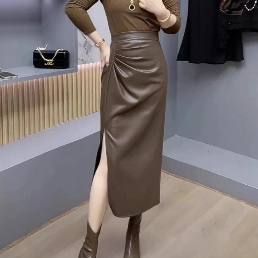 レザースカート スタイリッシュ サイドスリット タイトスカート