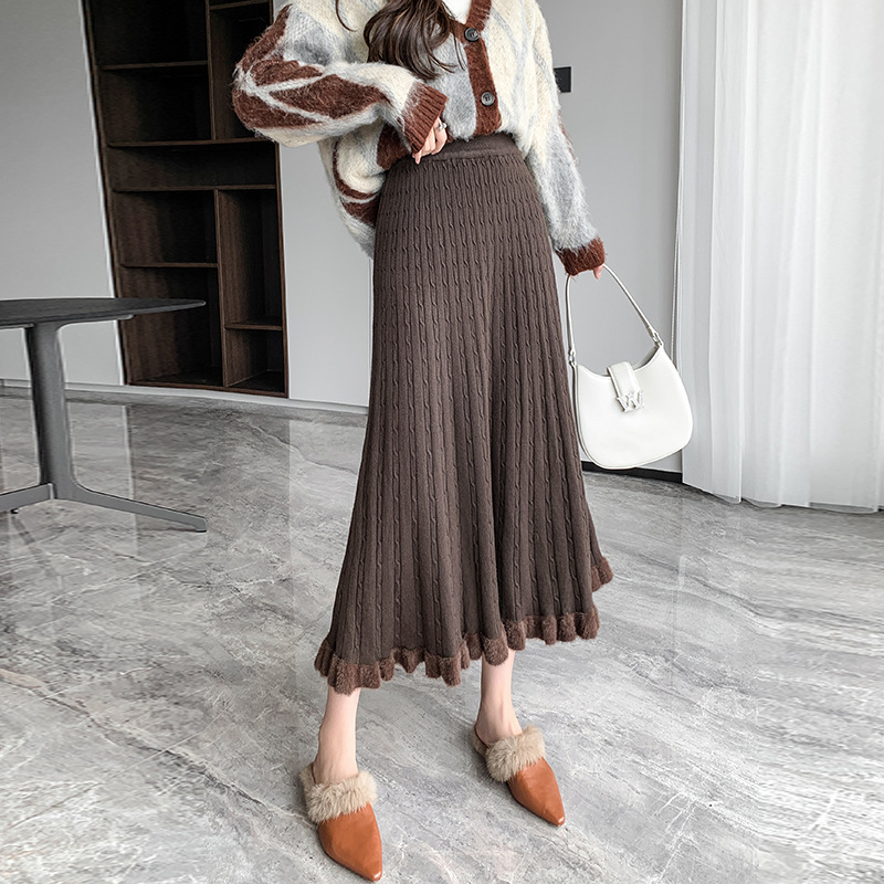 ロングスカート ケーブル編みプリーツニットスカート