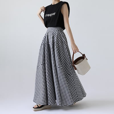 格子柄ゆったりフレアロングスカート