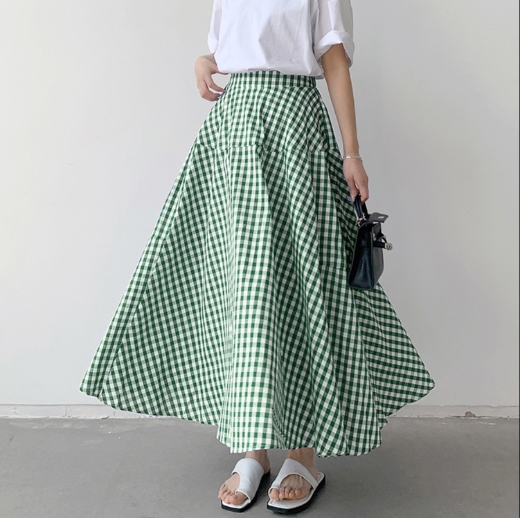 ロングスカート 爽やか格子柄マキシ丈フレアスカート