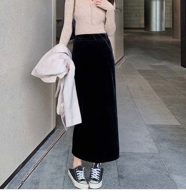 タイトスカート ベロア風マキシ丈タイトスカート