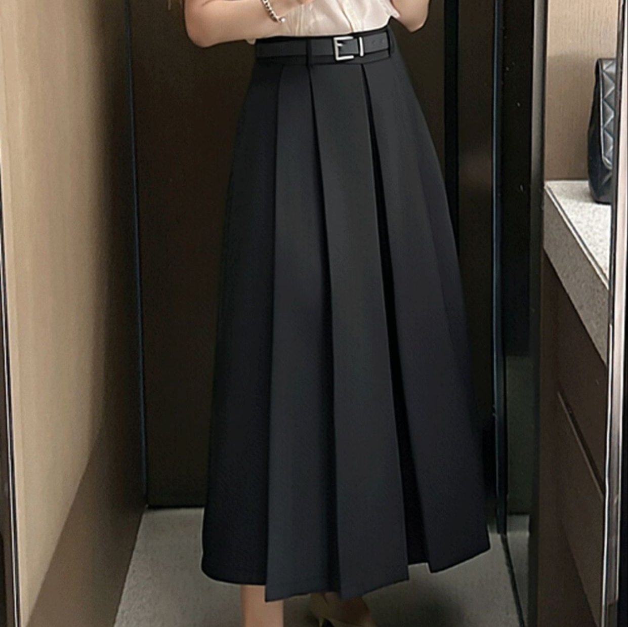 ロングスカート ハイウエストプリーツミディスカート