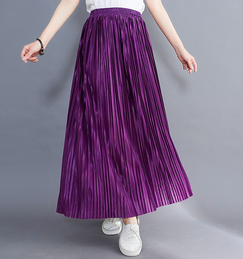 ロングスカート なめらか光沢プリーツマキシスカート