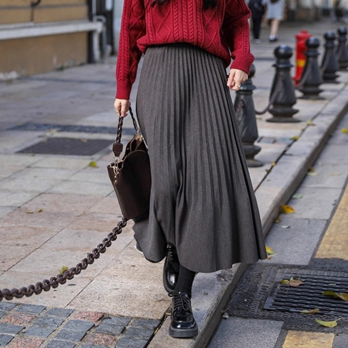 ロングスカート プリーツニットスカートロング丈