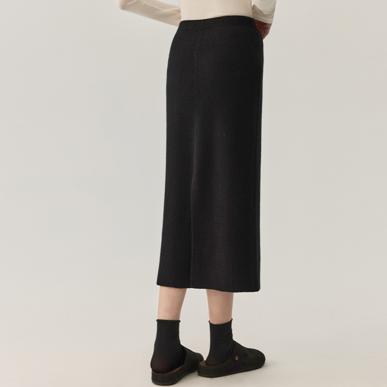 ロングスカート リブ編みニット ミディ丈スリット入りスカート