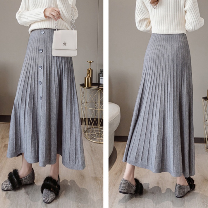 ロングスカート プリーツニットスカート ボタンデザイン