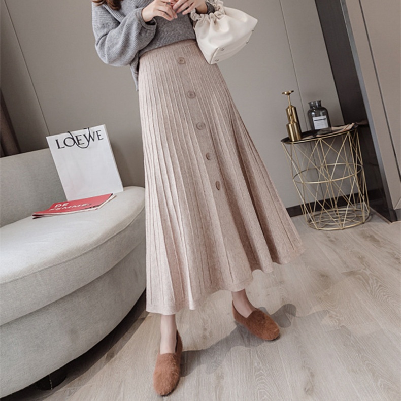 ロングスカート プリーツニットスカート ボタンデザイン