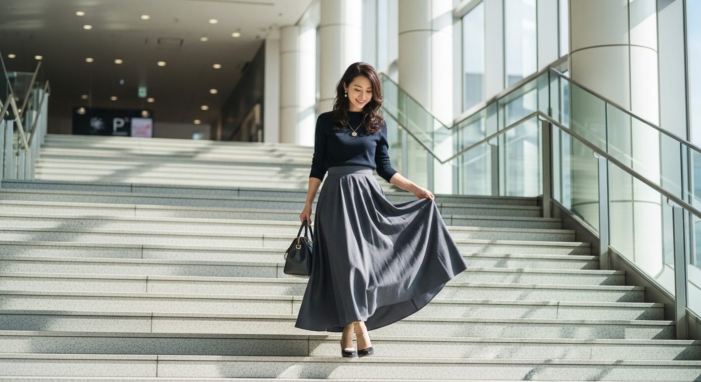 ロングスカートを引きずる悩みを解決｜階段や座る時の裾汚れ対策