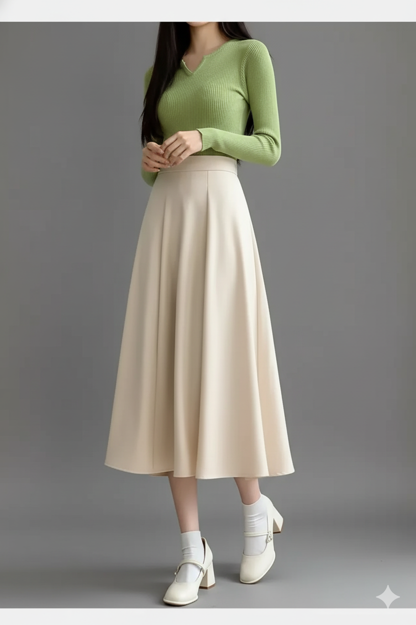 滑らか素材のミモレ丈フレアロングスカート