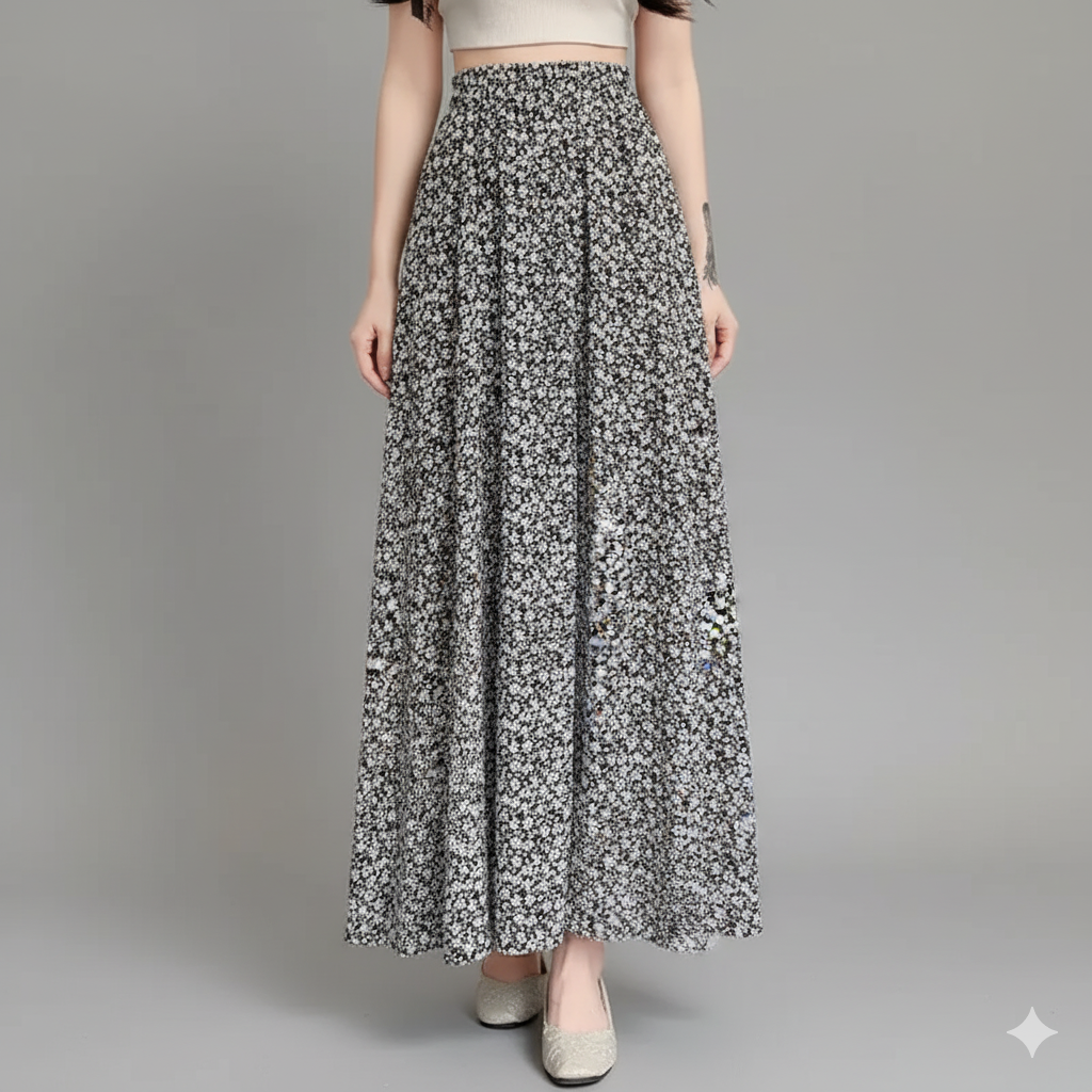 ロングスカート 小花柄マキシ丈フレアスカート