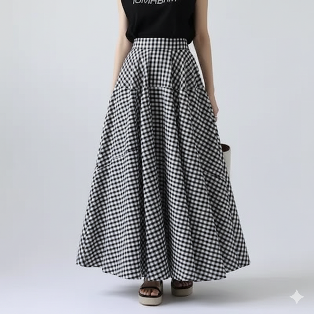 格子柄ゆったりフレアロングスカート
