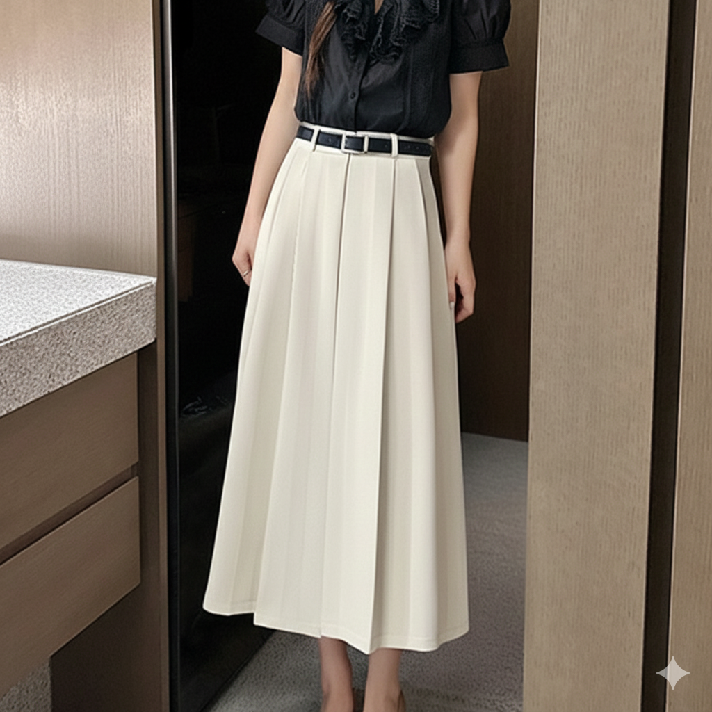プリーツスカート ハイウエストプリーツミディスカート