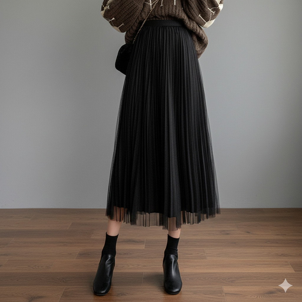 プリーツスカート ふんわり優美なチュールプリーツスカート