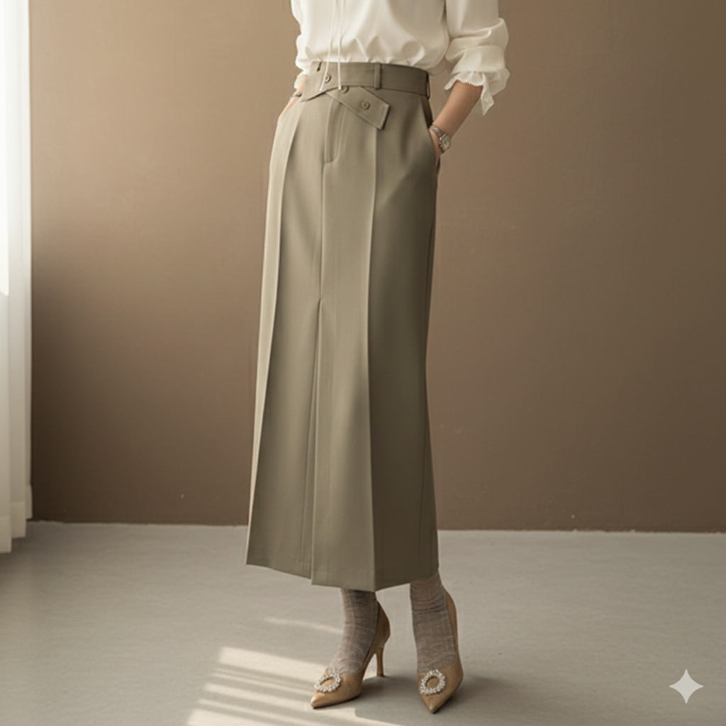 タイトスカート ベルトデザインハイウエストロングスカート