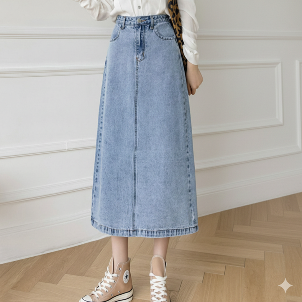 デニムスカート Aライン体型カバーデニムロングスカート